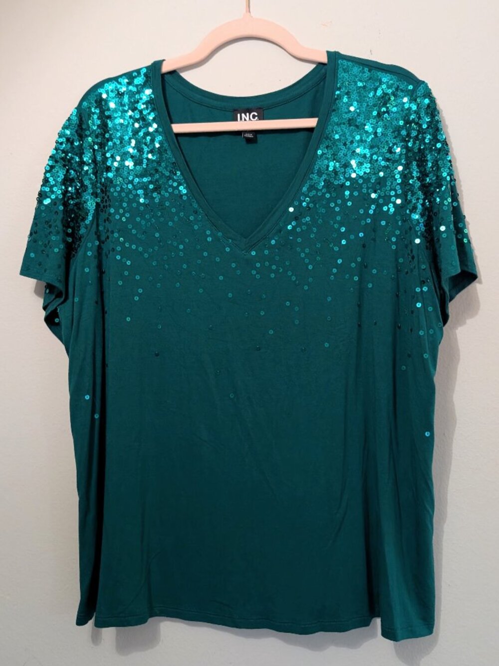 Green Sequin Shoulder Soft V Neck Shirt Blouse Soft INC Size 2X